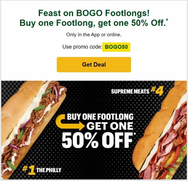 BOGO 50% Off Footlong Subs at Subway - Todd's Freebies